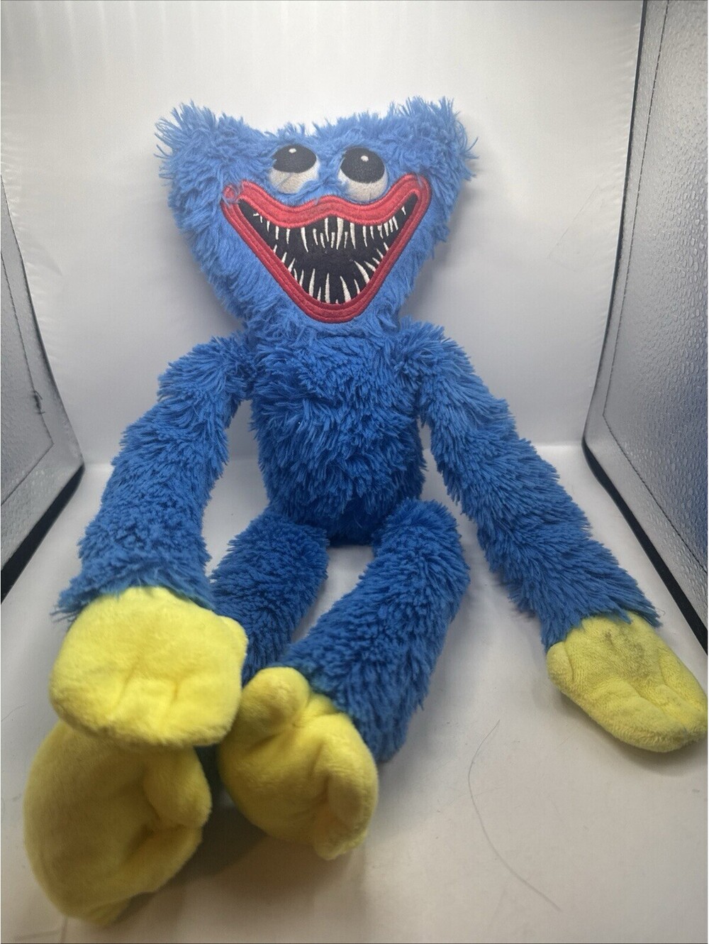 Blue Fuzzy Monster Plush 15" Long Arms Legs Yellow Hands Feet Stuffed Toy